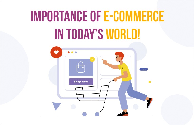 A man run with cart and write immportance of e-commerce in today's world